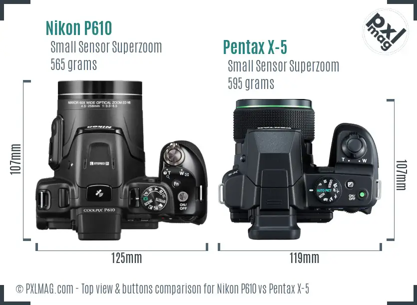 Nikon P610 vs Pentax X-5 top view buttons comparison