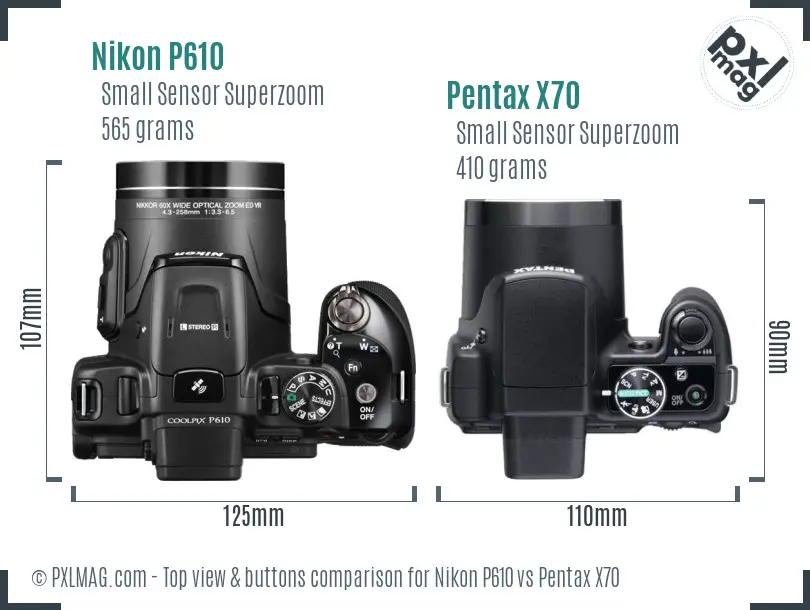 Nikon P610 vs Pentax X70 top view buttons comparison Nikon P610 vs Pentax X70 top view buttons comparison
