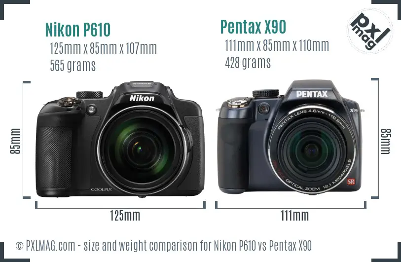 Nikon P610 vs Pentax X90 size comparison