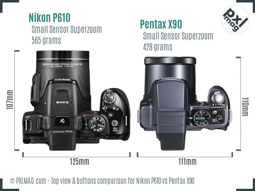 Nikon P610 vs Pentax X90 top view buttons comparison