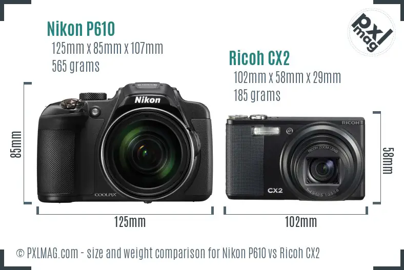 Nikon P610 vs Ricoh CX2 size comparison Nikon P610 vs Ricoh CX2 size comparison