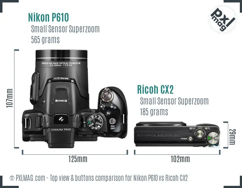 Nikon P610 vs Ricoh CX2 top view buttons comparison Nikon P610 vs Ricoh CX2 top view buttons comparison