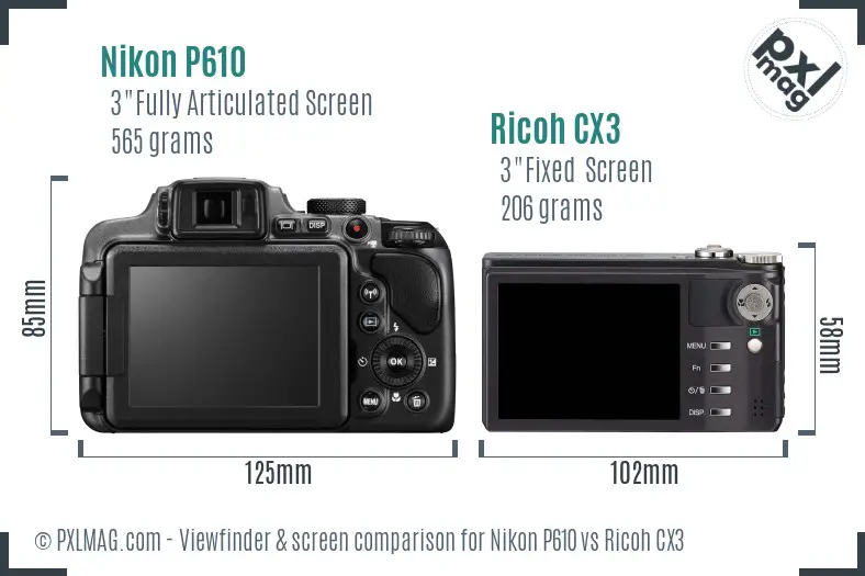 Nikon P610 vs Ricoh CX3 Screen and Viewfinder comparison