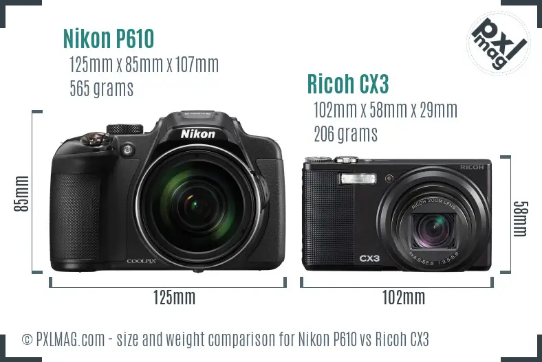 Nikon P610 vs Ricoh CX3 size comparison