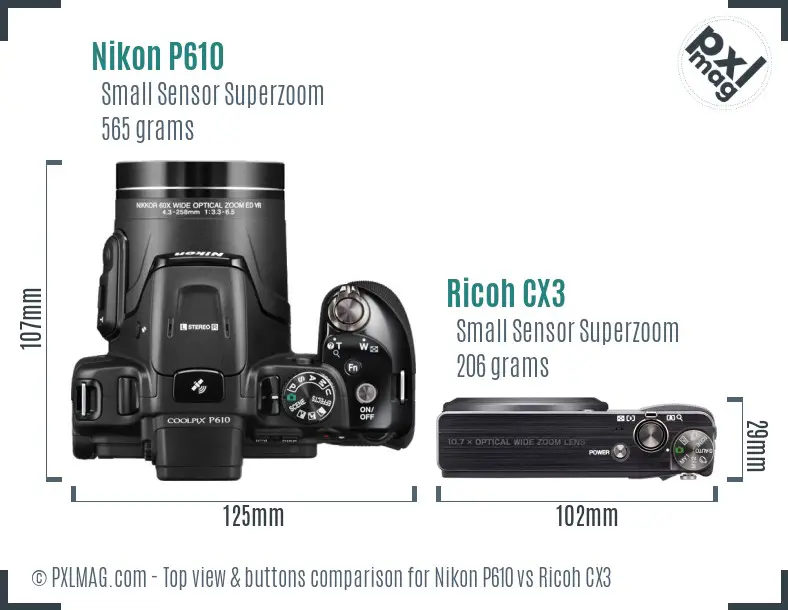 Nikon P610 vs Ricoh CX3 top view buttons comparison