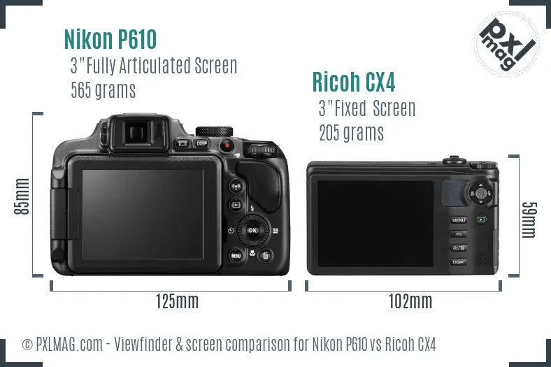 Nikon P610 vs Ricoh CX4 Screen and Viewfinder comparison
