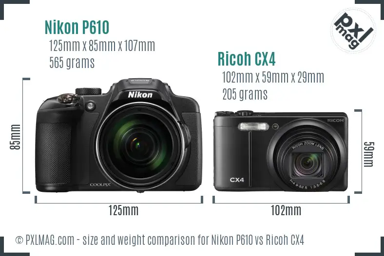 Nikon P610 vs Ricoh CX4 size comparison