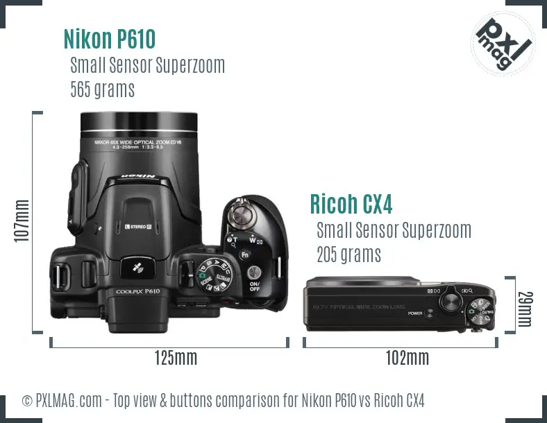 Nikon P610 vs Ricoh CX4 top view buttons comparison
