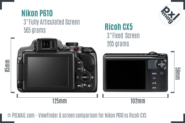 Nikon P610 vs Ricoh CX5 Screen and Viewfinder comparison
