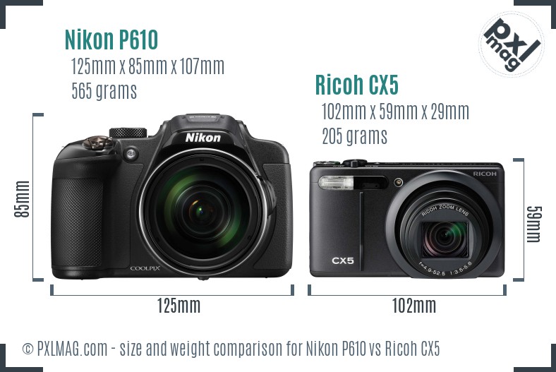 Nikon P610 vs Ricoh CX5 size comparison