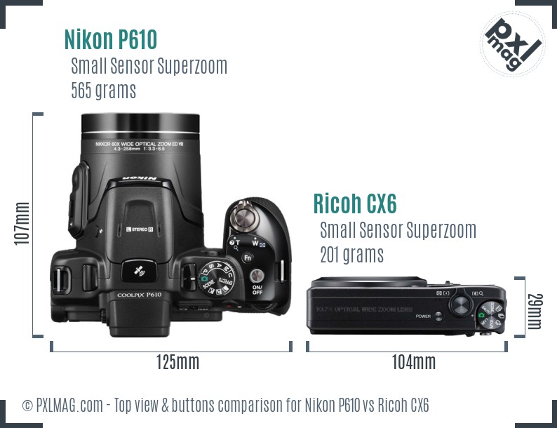 Nikon P610 vs Ricoh CX6 top view buttons comparison