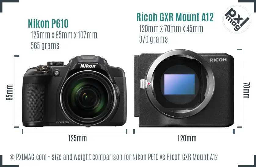 Nikon P610 vs Ricoh GXR Mount A12 size comparison