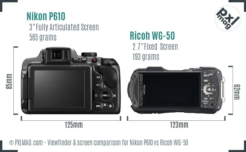 Nikon P610 vs Ricoh WG-50 Screen and Viewfinder comparison