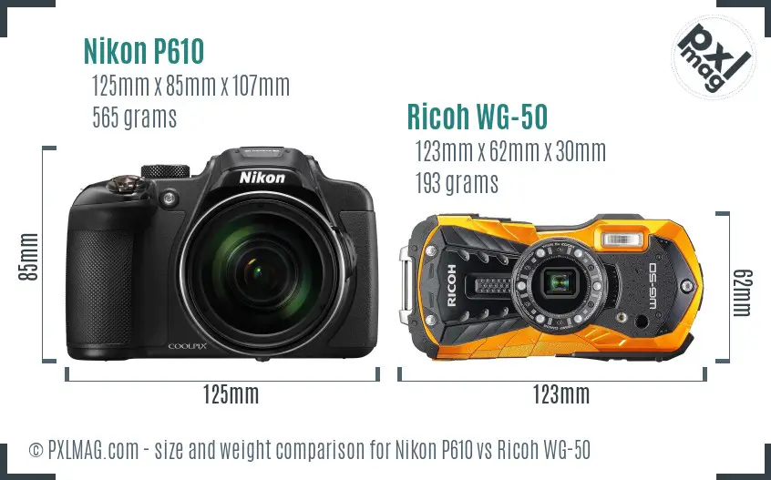 Nikon P610 vs Ricoh WG-50 size comparison