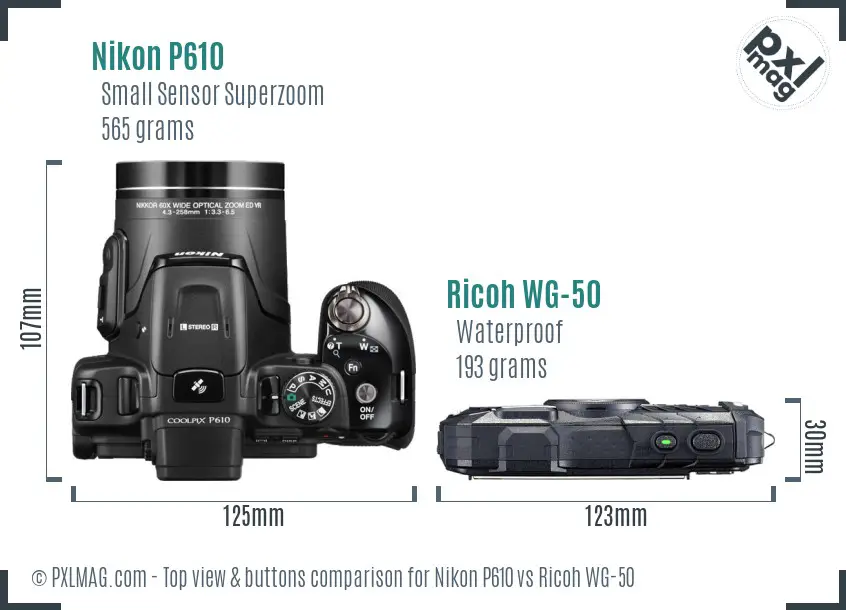 Nikon P610 vs Ricoh WG-50 top view buttons comparison