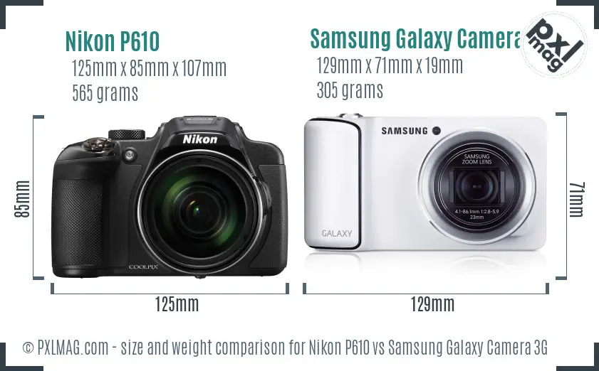 Nikon P610 vs Samsung Galaxy Camera 3G size comparison