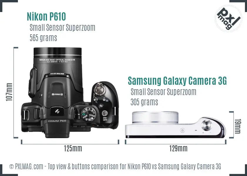 Nikon P610 vs Samsung Galaxy Camera 3G top view buttons comparison