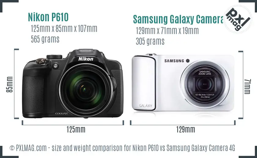 Nikon P610 vs Samsung Galaxy Camera 4G size comparison