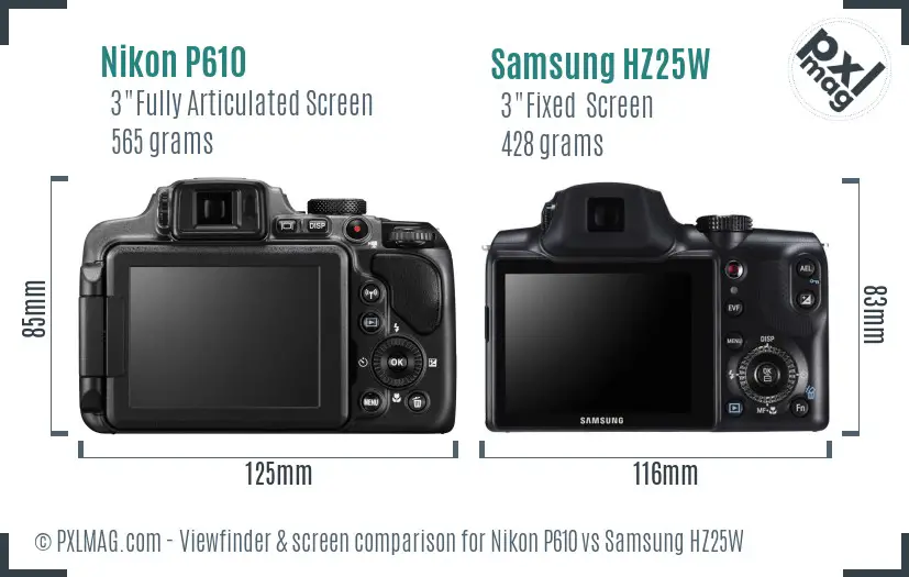 Nikon P610 vs Samsung HZ25W Screen and Viewfinder comparison