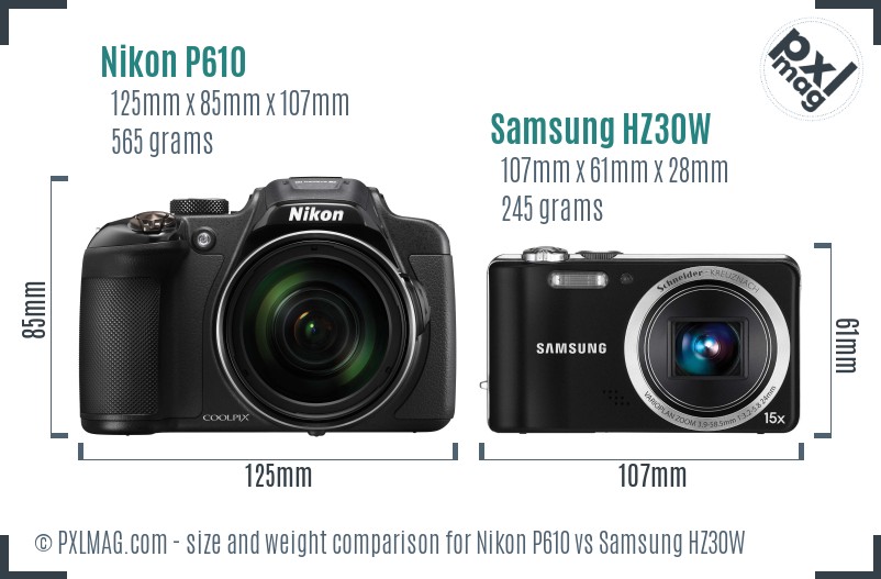 Nikon P610 vs Samsung HZ30W size comparison