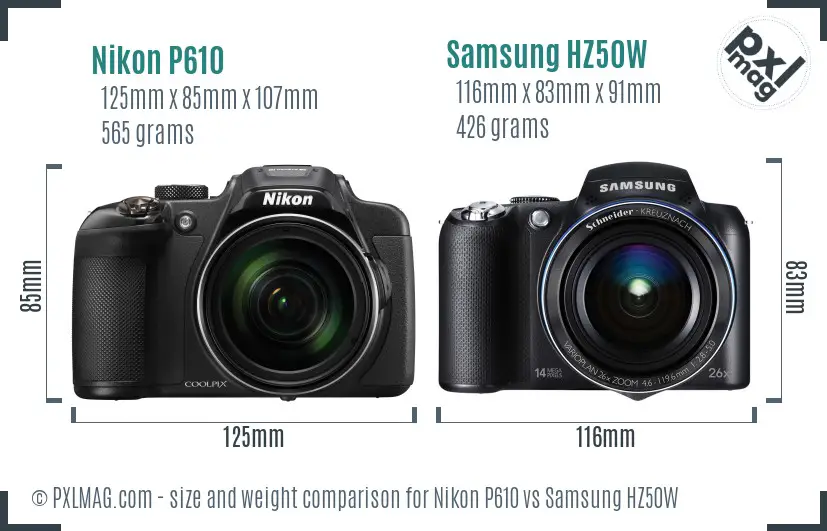 Nikon P610 vs Samsung HZ50W size comparison