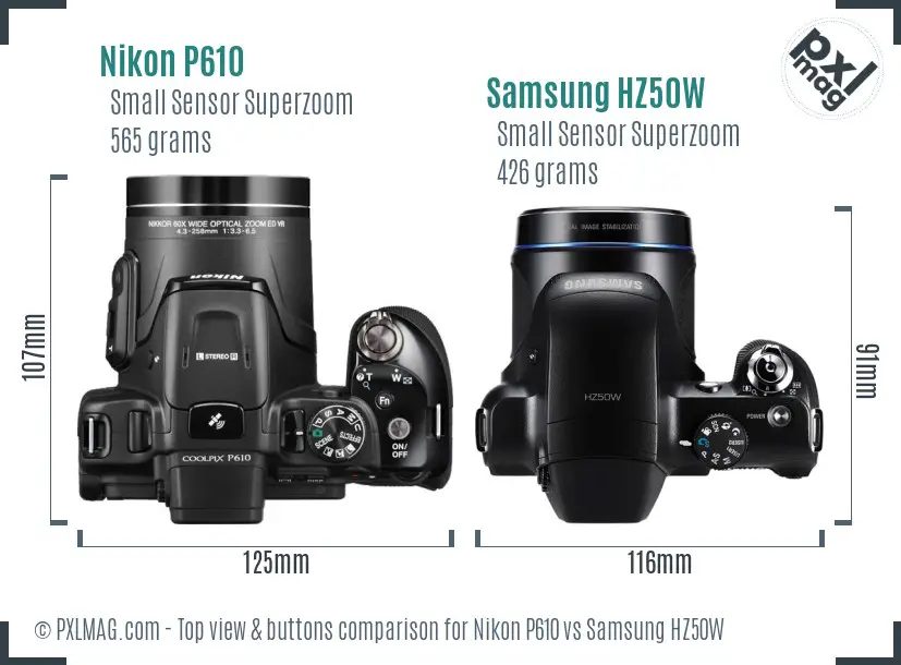 Nikon P610 vs Samsung HZ50W top view buttons comparison