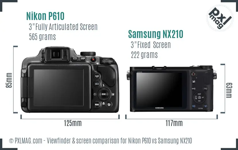 Nikon P610 vs Samsung NX210 Screen and Viewfinder comparison