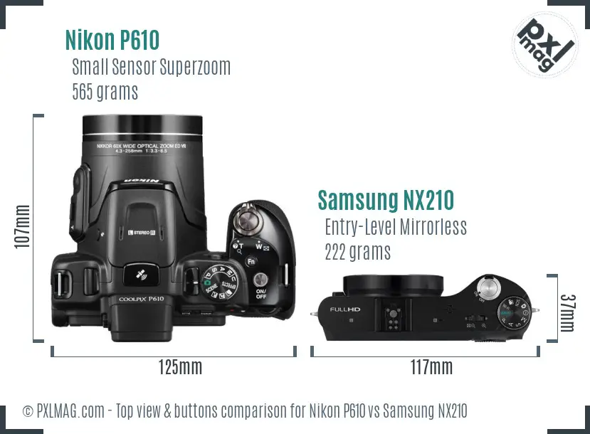 Nikon P610 vs Samsung NX210 top view buttons comparison