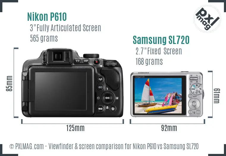 Nikon P610 vs Samsung SL720 Screen and Viewfinder comparison