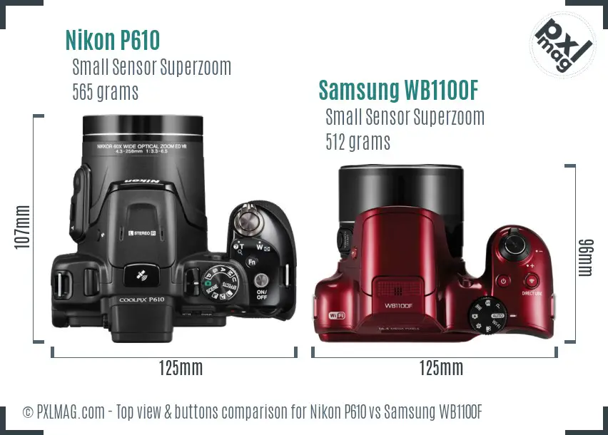 Nikon P610 vs Samsung WB1100F top view buttons comparison Nikon P610 vs Samsung WB1100F top view buttons comparison