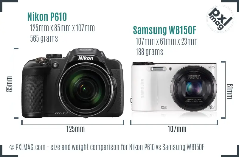 Nikon P610 vs Samsung WB150F size comparison
