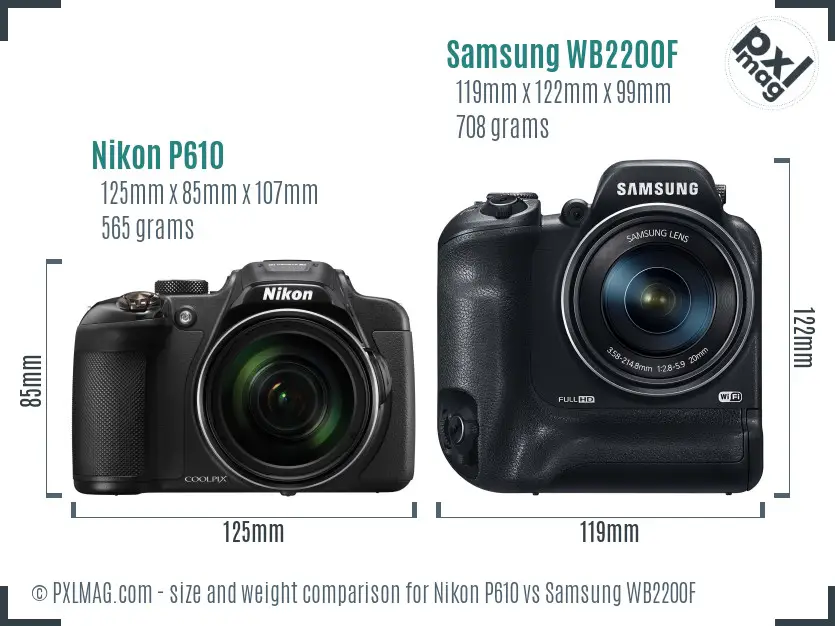 Nikon P610 vs Samsung WB2200F size comparison