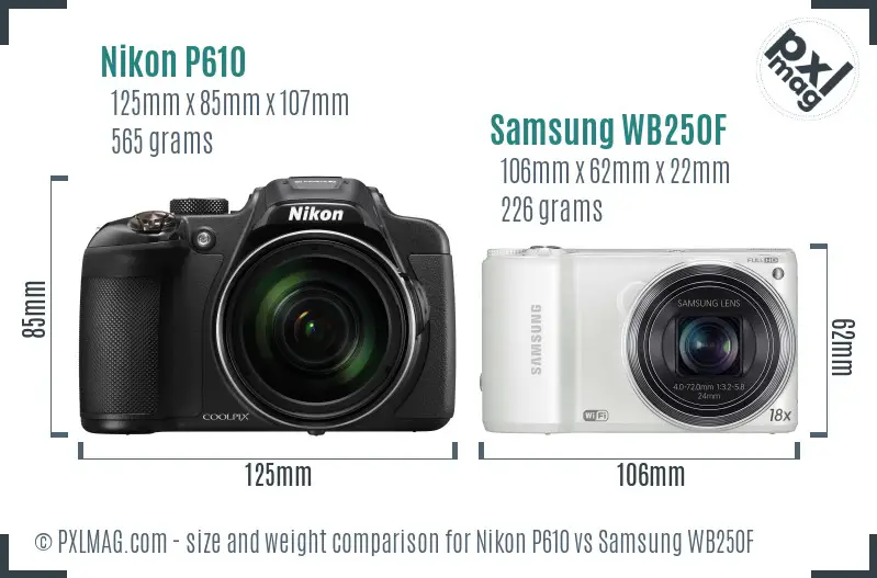 Nikon P610 vs Samsung WB250F size comparison Nikon P610 vs Samsung WB250F size comparison