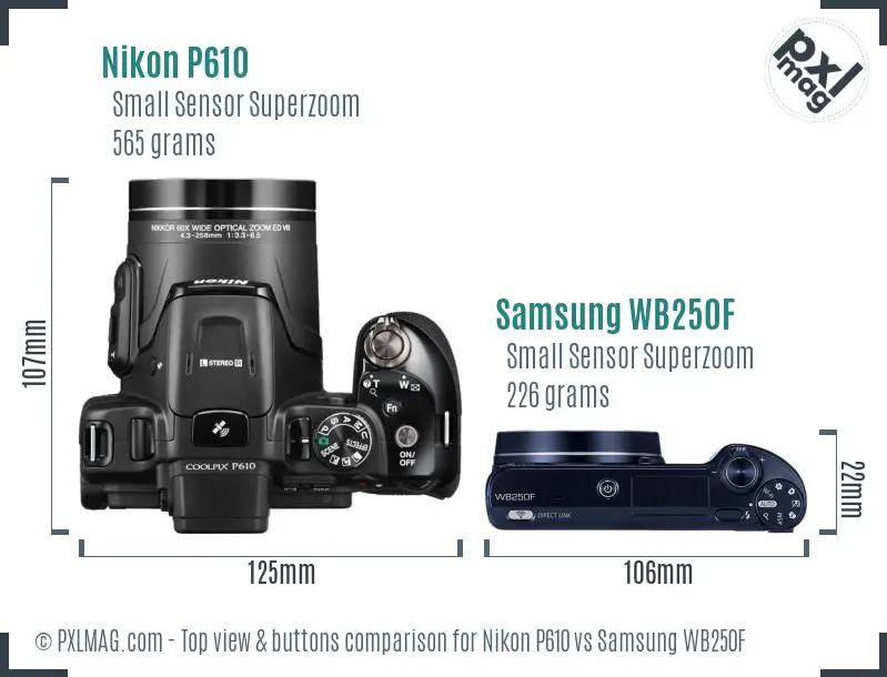 Nikon P610 vs Samsung WB250F top view buttons comparison Nikon P610 vs Samsung WB250F top view buttons comparison