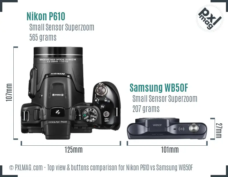 Nikon P610 vs Samsung WB50F top view buttons comparison Nikon P610 vs Samsung WB50F top view buttons comparison