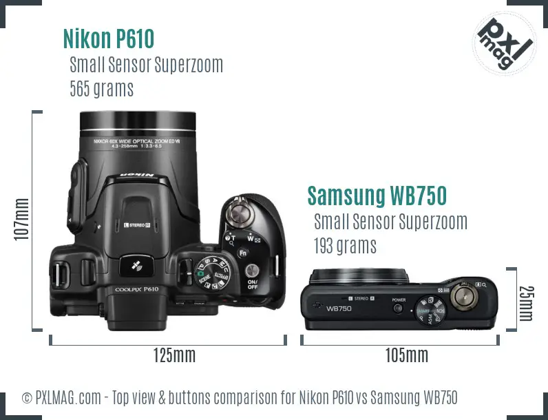 Nikon P610 vs Samsung WB750 top view buttons comparison Nikon P610 vs Samsung WB750 top view buttons comparison