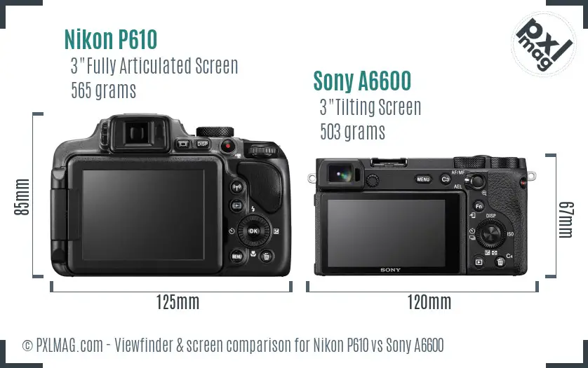 Nikon P610 vs Sony A6600 Screen and Viewfinder comparison