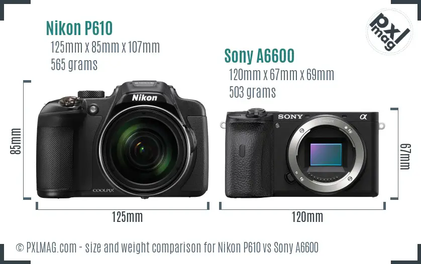 Nikon P610 vs Sony A6600 size comparison