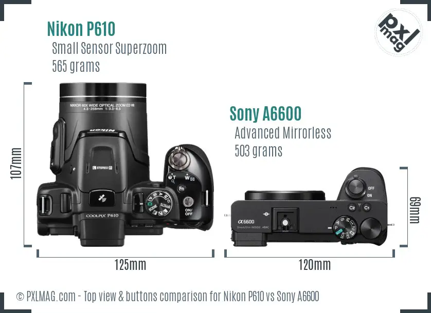 Nikon P610 vs Sony A6600 top view buttons comparison