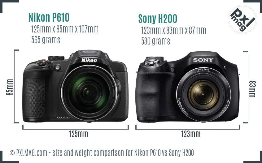 Nikon P610 vs Sony H200 size comparison