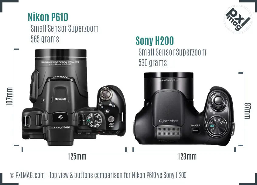 Nikon P610 vs Sony H200 top view buttons comparison