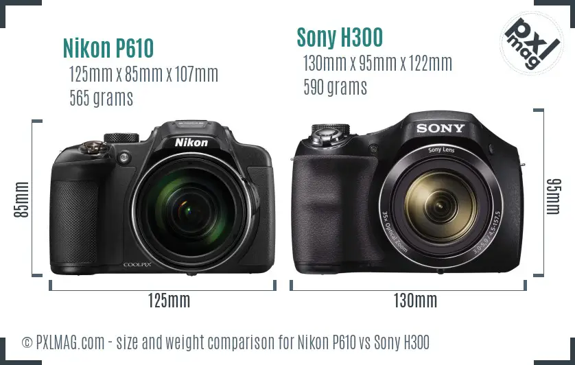 Nikon P610 vs Sony H300 size comparison