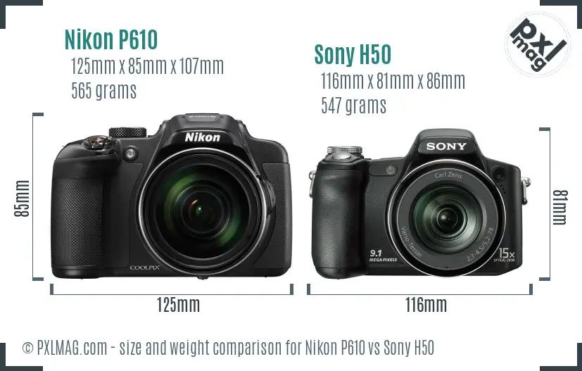 Nikon P610 vs Sony H50 size comparison