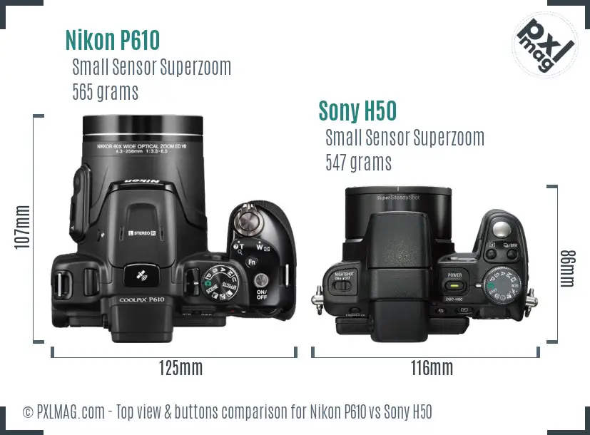 Nikon P610 vs Sony H50 top view buttons comparison