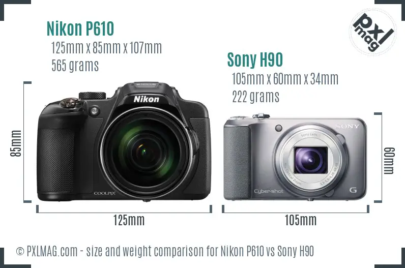 Nikon P610 vs Sony H90 size comparison