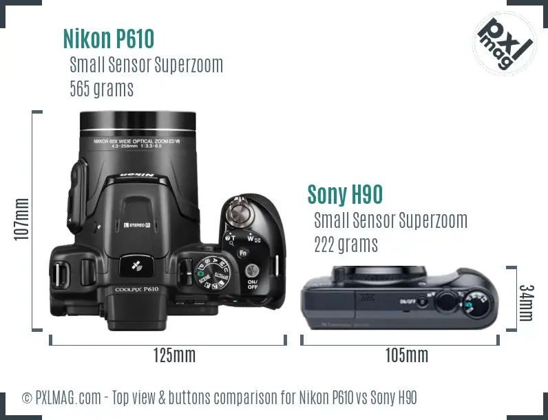 Nikon P610 vs Sony H90 top view buttons comparison