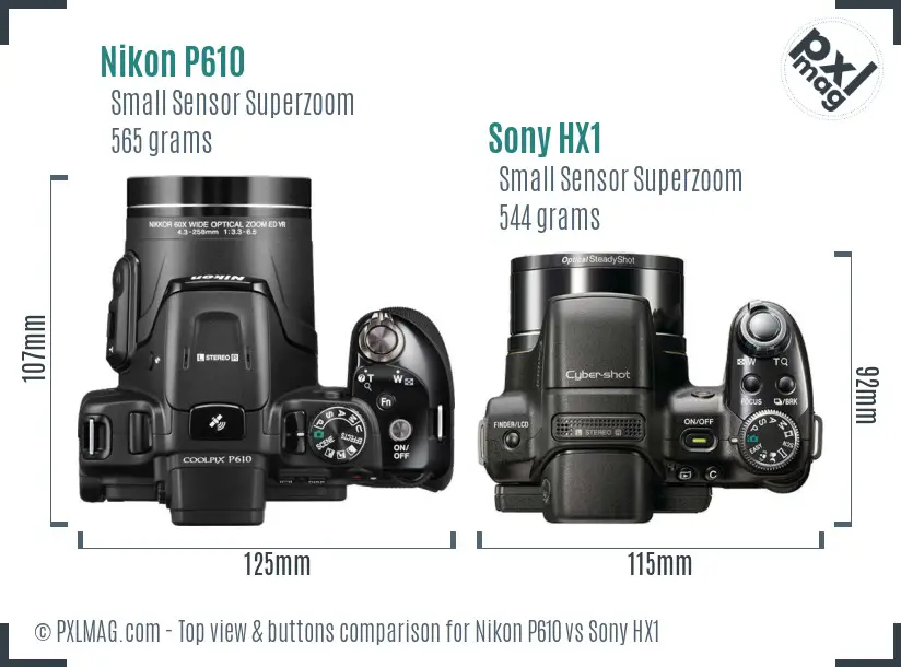 Nikon P610 vs Sony HX1 top view buttons comparison