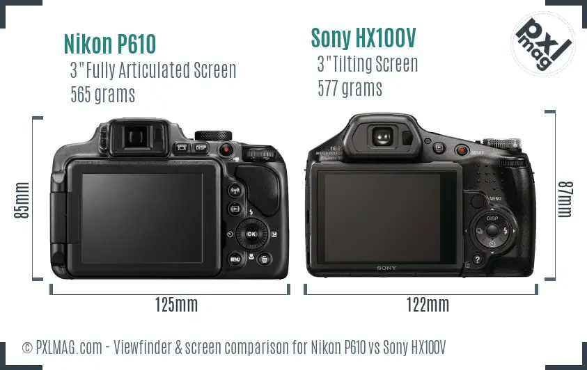 Nikon P610 vs Sony HX100V Screen and Viewfinder comparison