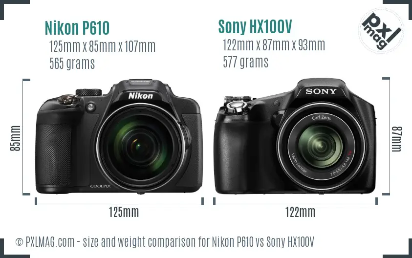 Nikon P610 vs Sony HX100V size comparison