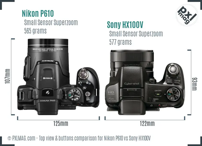 Nikon P610 vs Sony HX100V top view buttons comparison